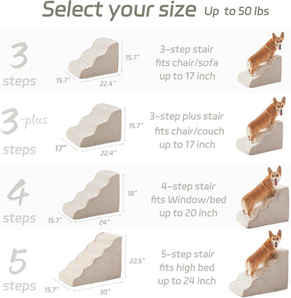 Laojin Balhen Dog Stairs for Small Dogs & Cats 15.7" H, High Density Foam Dog Steps Ramp for Couch Sofa and Chair, Pet Stairs with Non-Slip Bottom and Remove Washable Cover, 3-Step Pet Steps, Beige