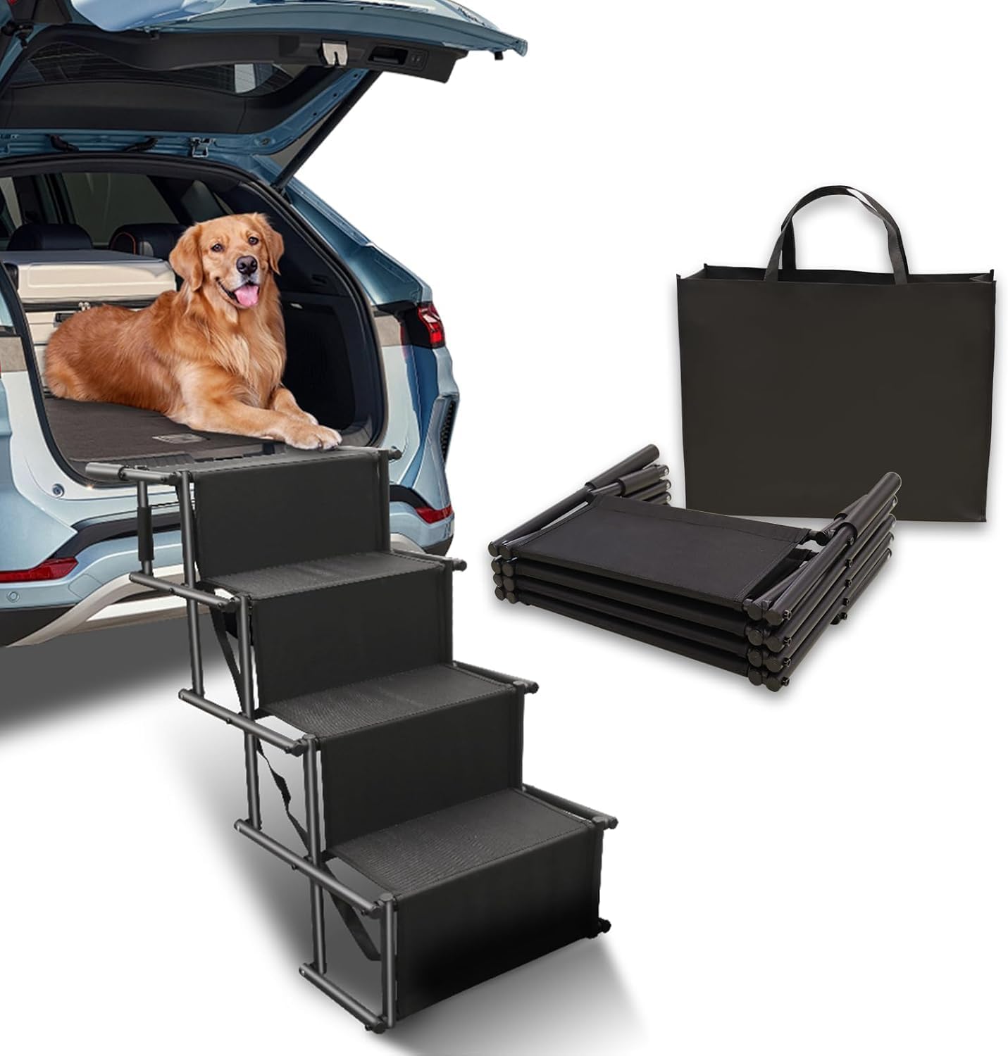 Dog Stairs for Car, Foldable Ramps for Dogs with Non-Slip Surface for Large Dogs Portable Dog Steps for Cars and SUV, Truck to 200 lbs, 4 Steps