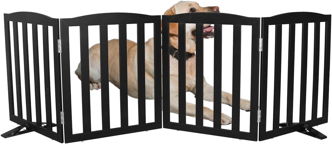 Freestanding Dog Gate Indoor,Doggie Gate Foldable Dog Gates for Doorways,Stairs or Hallways, Wooden White Pet Gate for the House, Pet Fence with Support Feet Included,24 "Height-4 Panels