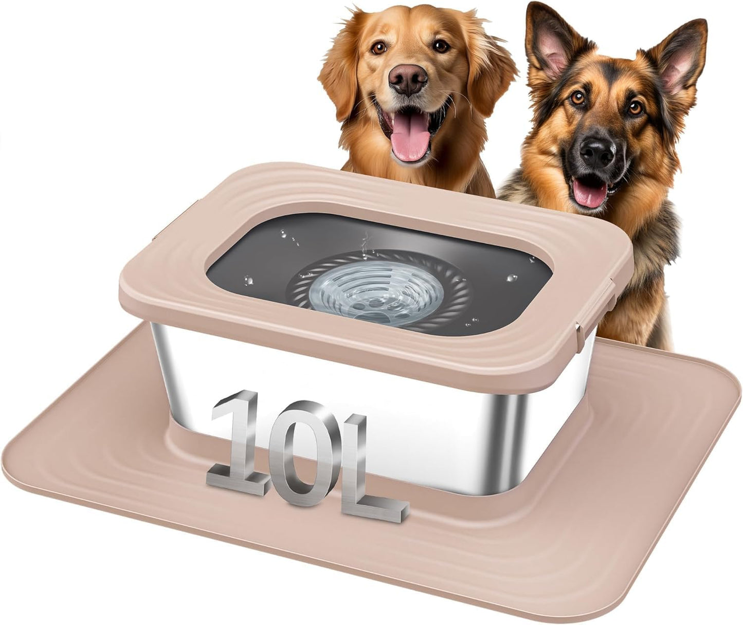 Decflow 10L Stainless Steel Dog Water Bowl, No Spill Anti-Splash Dog Bowls with XXL Silicone Mat, Spill-Proof Slow Feeder for Messy Drinkers, Heavy Duty Pet Bowls for Indoor/Outdoor Use Grey