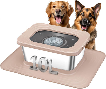 Decflow 10L Stainless Steel Dog Water Bowl, No Spill Anti-Splash Dog Bowls with XXL Silicone Mat, Spill-Proof Slow Feeder for Messy Drinkers, Heavy Duty Pet Bowls for Indoor/Outdoor Use Grey