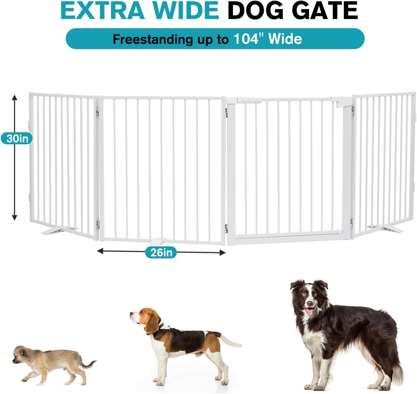 Snagle Paw Extra Wide Dog Gate,Free Standing Dog Fence with Door, Up to 104 Inch Wide Pet Gate with Support Feet for Stairs, Hallways, Doorways, Yard (Black, 4 Panels)