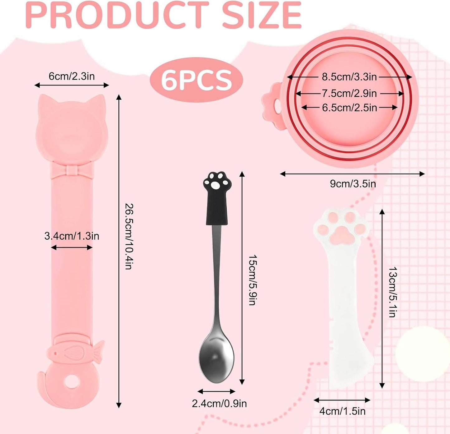 6 PCS Silicone Pet Food Can Covers Lids Set, Multi-Function Cat & Dog Wet Food Can Lids with Stainless Steel Spoon, Built-in Opener, Paw-Shaped Spatula & Treat Squeezer