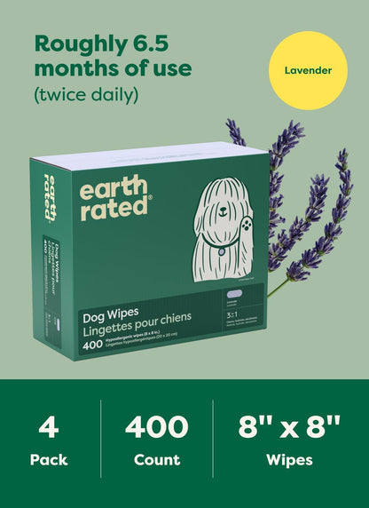 Earth Rated Dog Wipes, Hypoallergenic, Cleaning and Hydrating, for Grooming Paws, Body and Butt, Lavender Scented, 400 Count