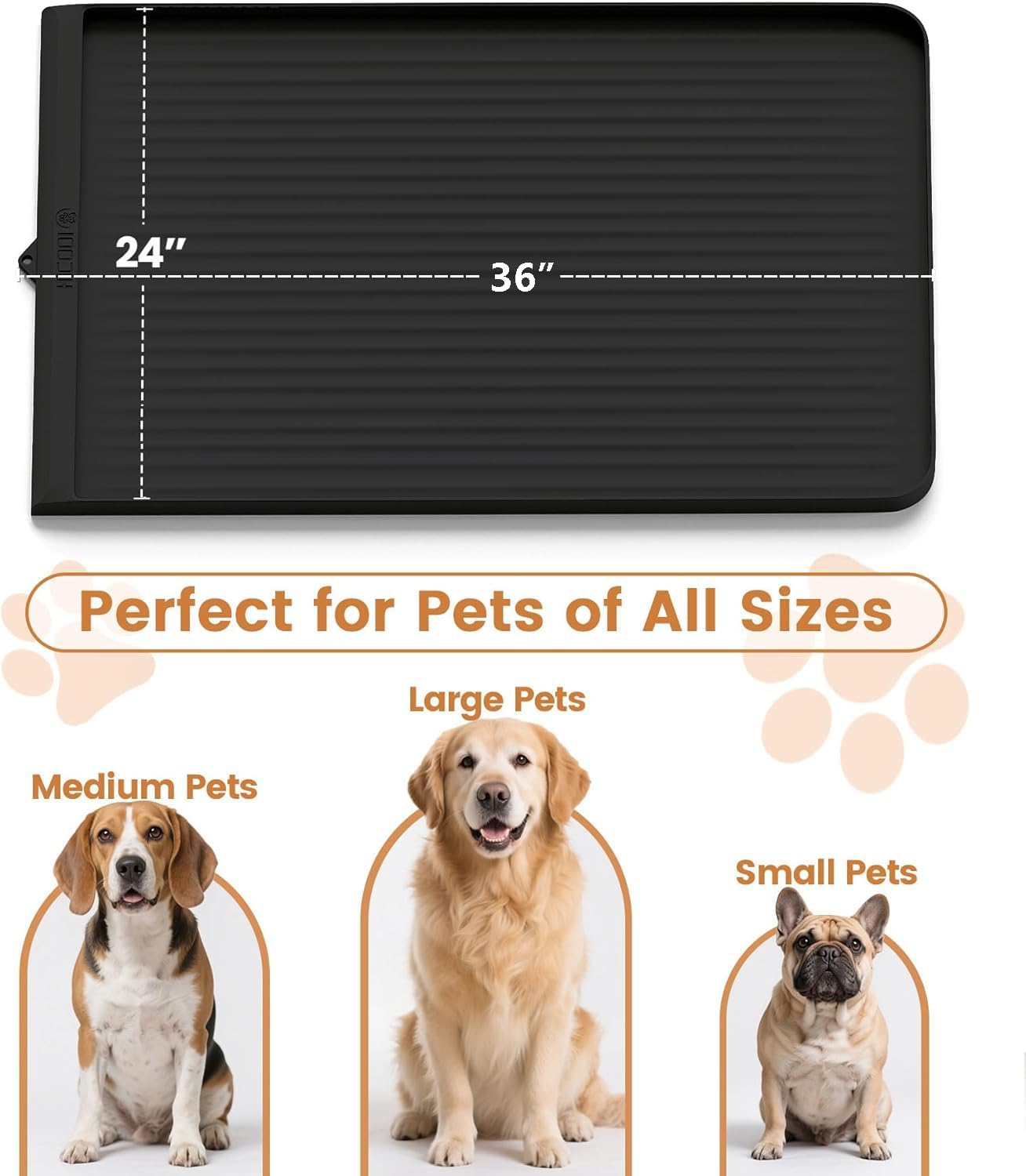 Dog Food Mat 36"x24", Waterproof Pet Feeding Mat with Diversion Grooves and Raised Edges, Large Non-Slip Dog Bowl Mat for Food and Water, Cat Food Mat for Floors, Easy to Clean, Grey