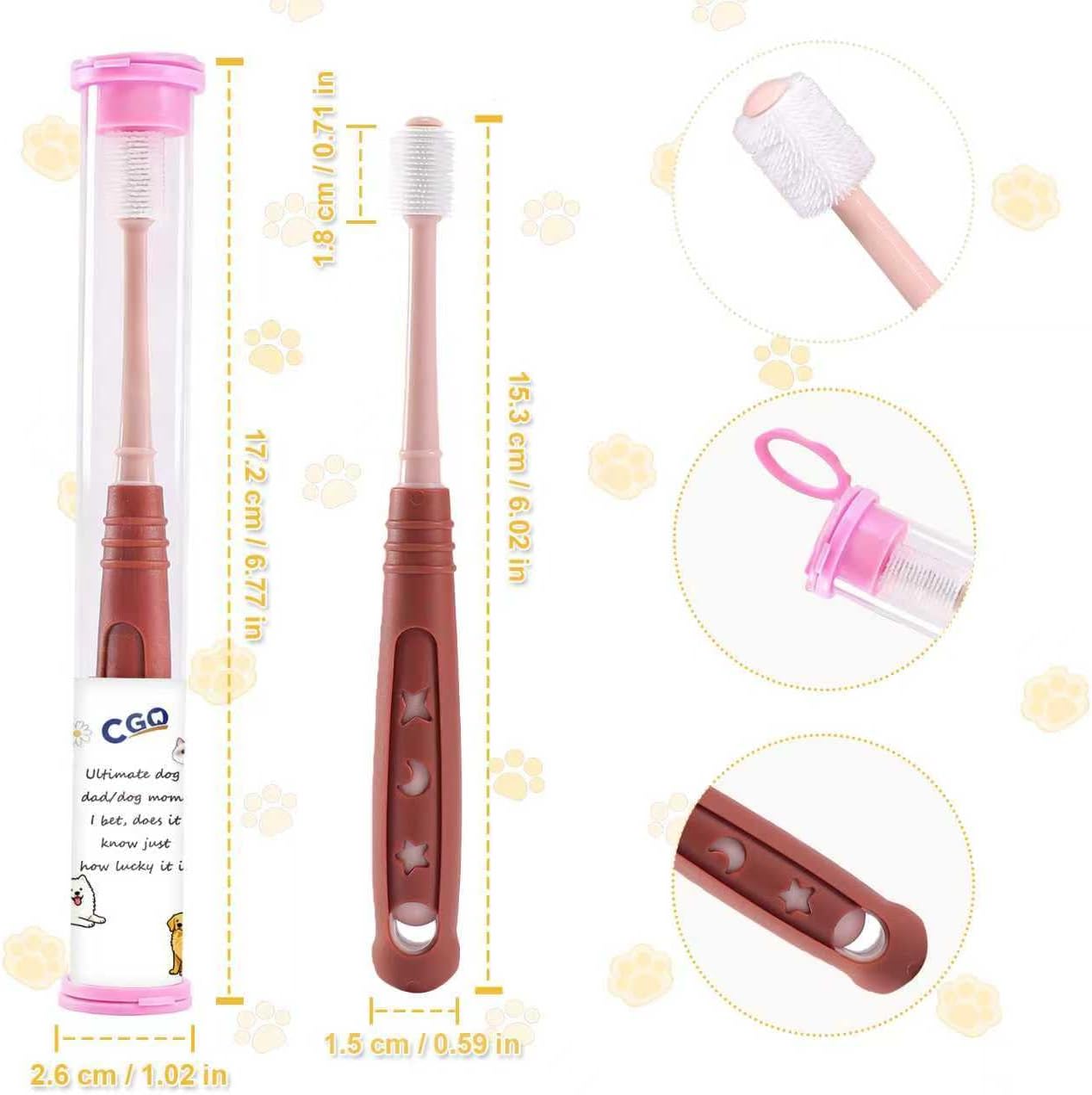 CGO 360° Silicone Pet Toothbrush - Dog Toothbrush for Small Dogs & Cats, 4-Pack Round Head, Extra Soft Bristles, Dental Cleaning and Oral Hygiene for Puppies and Kittens (2 Orange, 2 Brown)