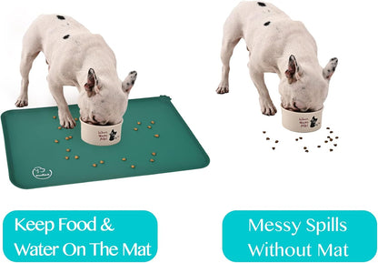 Silicone Waterproof Dog Cat Pet Feeding Mats, Non Slip, Easy Clean Pet Dog Cat Bowl Mats Placemat (18.5" x 11.5") Green