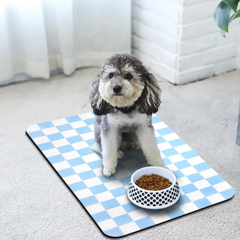 Dog Food Mats for Floors Waterproof, Pet Water Bowl Mats Pet Feeding Absorbent Placemats Plaid 12 * 20 inch