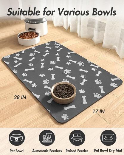 MontVoo Dog Food Mat-Pet Feeding Mat for Food and Water-No Stains Quick Dry Dispenser Cat Bowl Mat for Messy Drinkers(12"x19" Dark Grey)