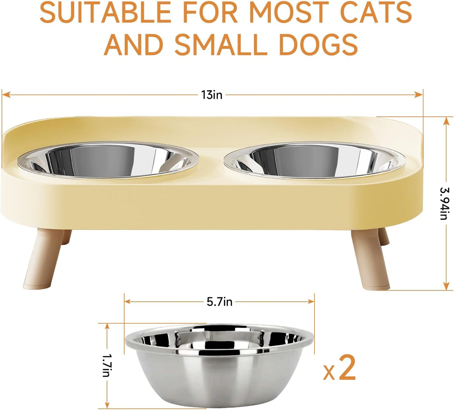 Elevated Cat Bowl, Raised Cat Food and Water Bowl Set for Indoor Cats, Splash Proof with 2 Stainless Steel Pet Food Bowls for Cats and Puppies, Whisker Fatigue and Dishwasher Safe - White