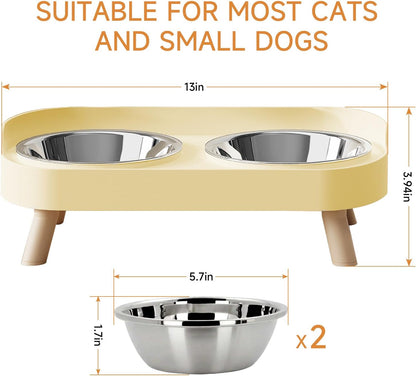 Elevated Cat Bowl, Raised Cat Food and Water Bowl Set for Indoor Cats, Splash Proof with 2 Stainless Steel Pet Food Bowls for Cats and Puppies, Whisker Fatigue and Dishwasher Safe - White