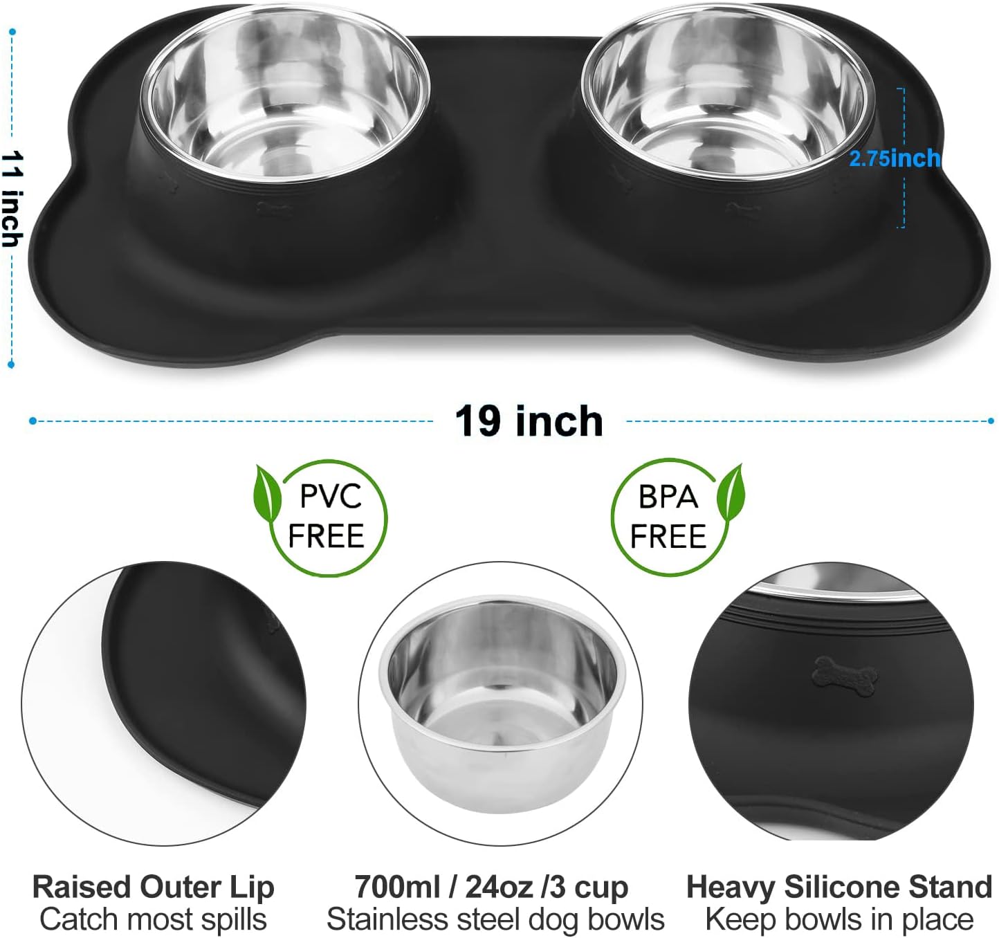 AsFrost Dog Food Bowls Stainless Steel & Water Dish with No-Spill and Non-Skid, Feeder Bowls with Dog Food Dish for Small Medium Large Size,Dogs,Cats,Puppy Pets, Black, 12oz