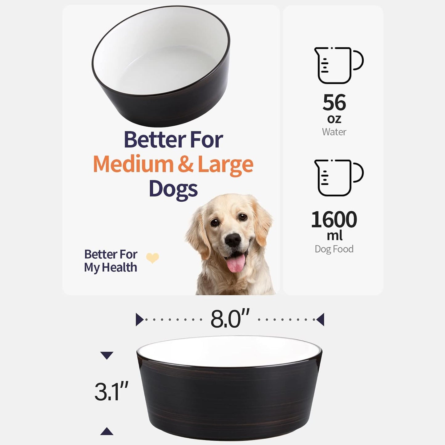 Black Elevated/Raised Dog Bowl Ceramic with Wood Stand for Medium Large Breed,Dog Food Water Dish Heavy Weighted,8 in Non Slip Modern Cute Porcelain Pet Bowl Extra Large