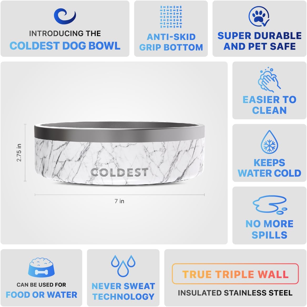 Coldest Dog Bowl - Anti Rust Metal, Non Slip, 3 Layers Insulated Stainless Steel Dog Bowls - Spill Proof & Heavy Duty - Water Bowl for Dogs, Cats & Pets, Dish Washer Safe (21 oz, Stealth Black)