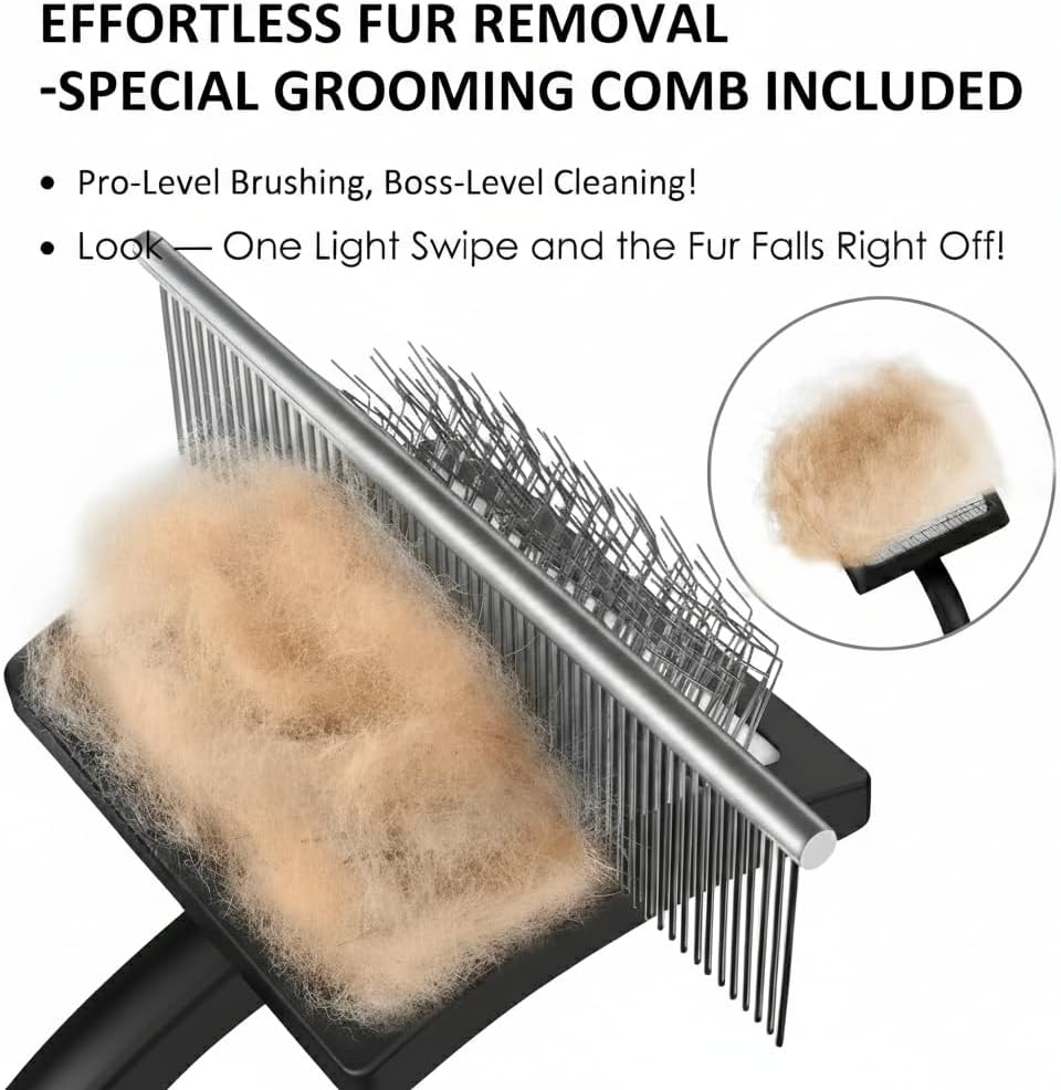 Slicker Brush for Doodles and Poodles - 2-Piece Solid Wood Dog Grooming Set with Extra Long Pin Dematting Tool and Metal Comb for Curly, Matted & Thick Hair, Purple