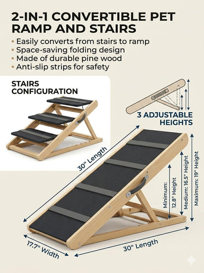 3 Steps Wood Pet Stairs & Ramp for Small and Medium Dogs and Cats, Portable Ramp Pets 2-in-1 Foldable, Non-Slip Pet Ladder for Tall Beds, Sofa, Cars, Holds Up to 220 lbs (3 Steps)
