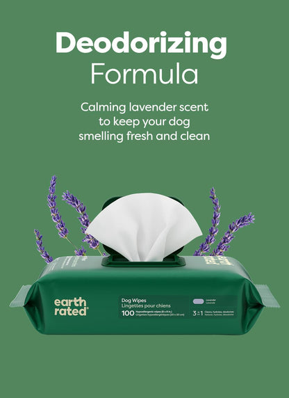 Earth Rated Dog Wipes, Hypoallergenic, Cleaning and Hydrating, for Grooming Paws, Body and Butt, Lavender Scented, 400 Count