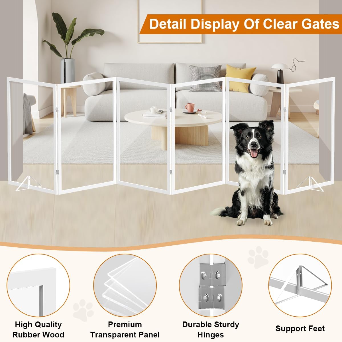 Extra Wide Clear Dog Gate，6 Panel (107.957" W*31.5" Tall) Wooden Dog Gate, Clear Acrylic Pet Gate，Transparent Freestanding Pet Gate for Doorways Stairs