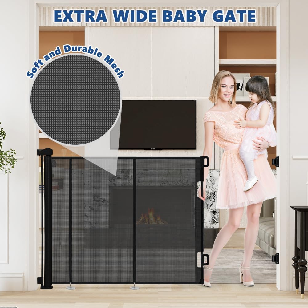 AGESISI Retractable Baby Gate Extra Wide, 149” Wide x 41” Tall Mesh Dog Gates for Stairs & Doorways, Pet Dog Fences One-Hand Operation Child Safety Gate for Indoor or Outdoor, Easy Installation, Black