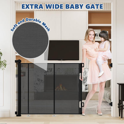 AGESISI Retractable Baby Gate Extra Wide, 149” Wide x 41” Tall Mesh Dog Gates for Stairs & Doorways, Pet Dog Fences One-Hand Operation Child Safety Gate for Indoor or Outdoor, Easy Installation, Black