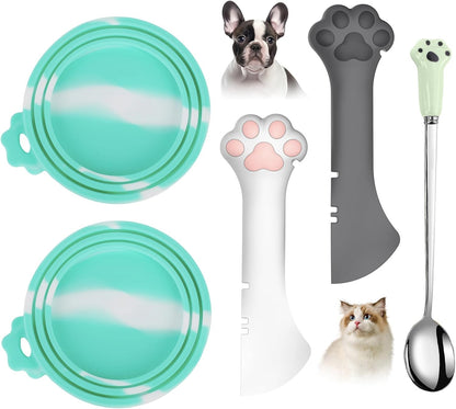Comtim 5 PCS Pet Food Can Lids & Spoons Set - Silicone Dog Cat Covers With Multi-Function Spatula Opener for Wet Food - Long Handle Easy to Scoop