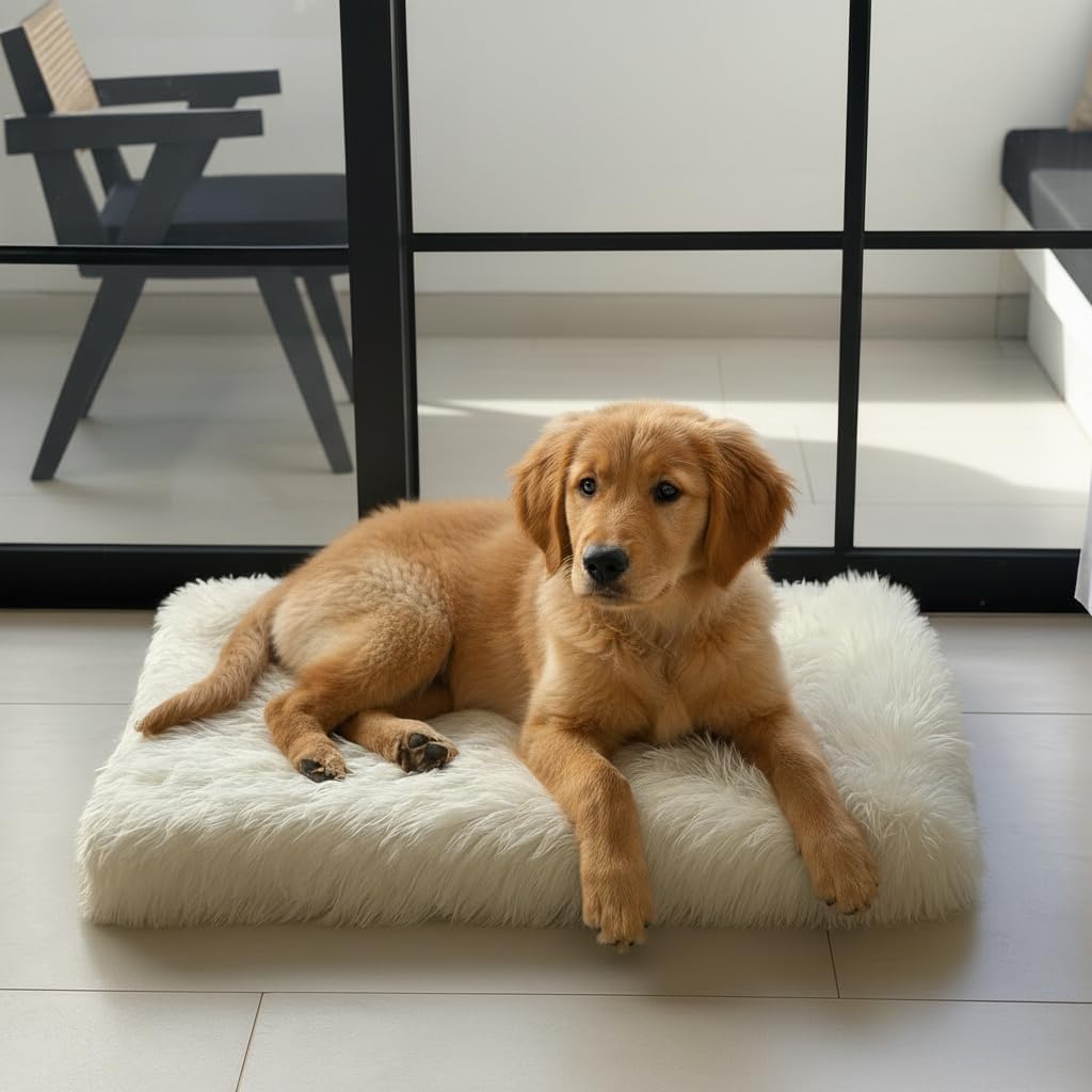IHAPPYDOG Luxury Faux Fur Orthopedic Dog Bed, Memory Foam Dog Bed for Small, Medium, Large and XL Pets, Fluffy Pet Bed with Waterproof and Washable Cover (White w/Brown Tips, 50"x30")