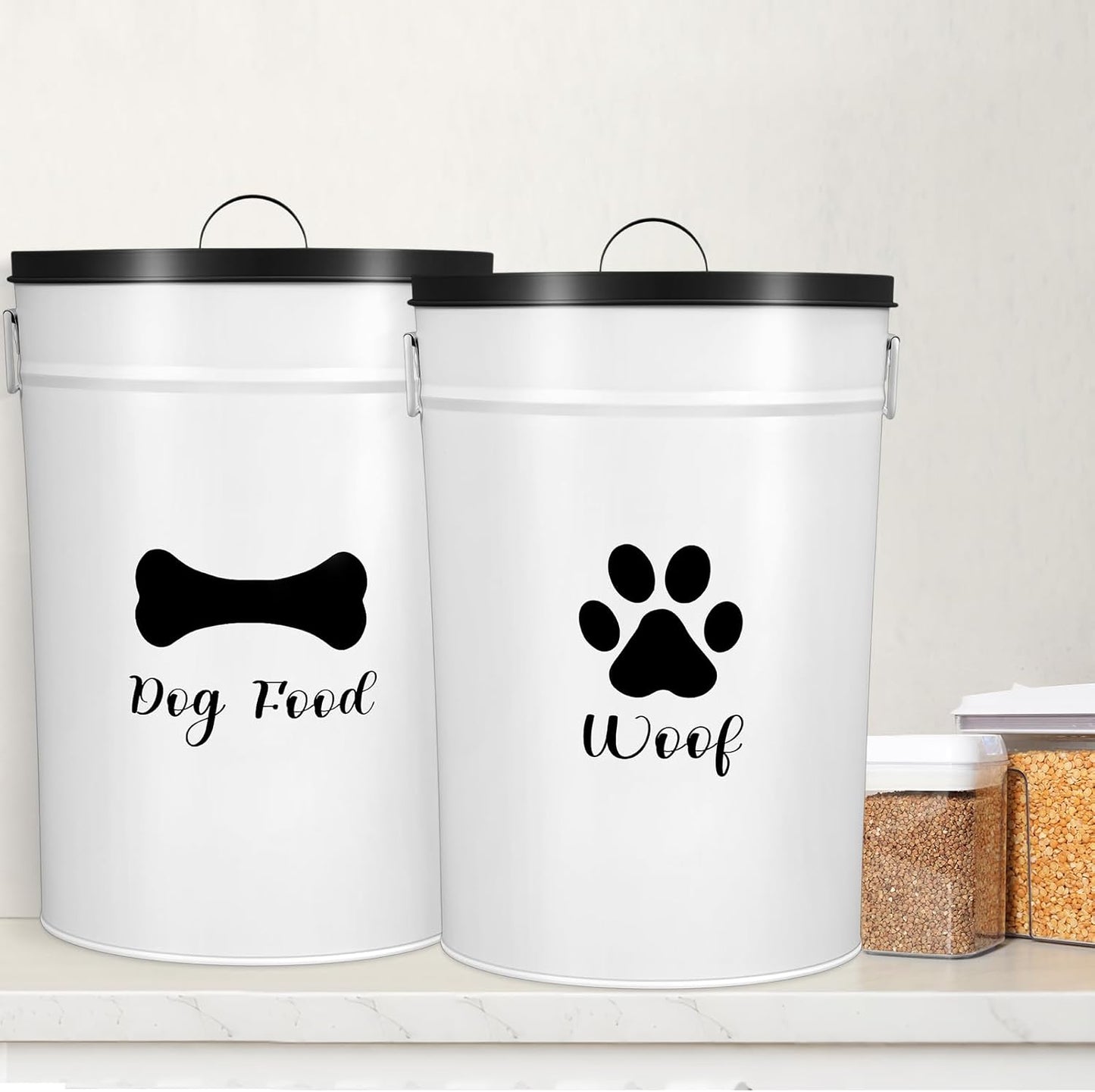 DoubleFill Extra Large 23+10 lbs Metal Dog Food Storage Containers Set of 2 Airtight Dog Treat Snack Jars with Lids and Spoon Farm House Style Big Pet Cookie Jar for Kitchen Counter Gift