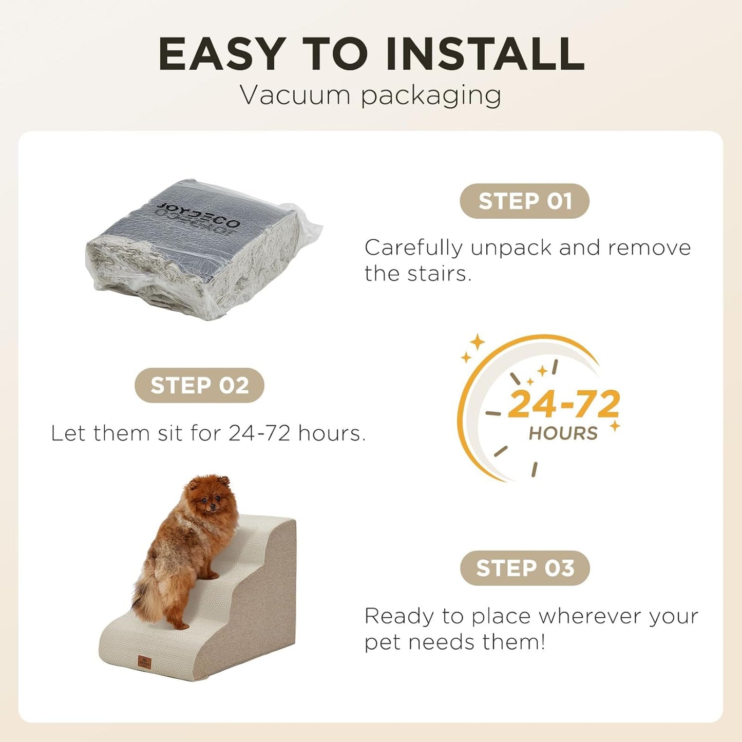 Joydeco Dog Stairs for Bed 17.1" H, 3-Step Pet Steps for Small Dogs and Cats, Dog Steps for High Bed, Non-Slip Balanced Ramp Indoor Pet Stairs, Beige