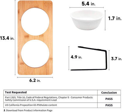 FUKUMARU Elevated Cat Ceramic Bowls, Small Dog 15° Tilted Raised Food Feeding Dishes, Solid Bamboo Water Stand Feeder Set for Cats and Puppy