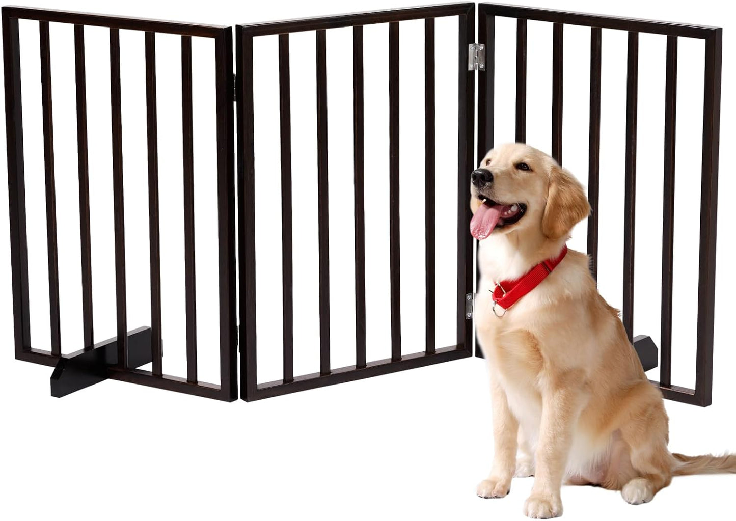 Outvita Freestanding Dog Gate, 24" H Foldable Wooden Pet Barrier Fence,3-Panel Pet Fence with Support Feet for Stairs，Hallways,Doorways, Walnut