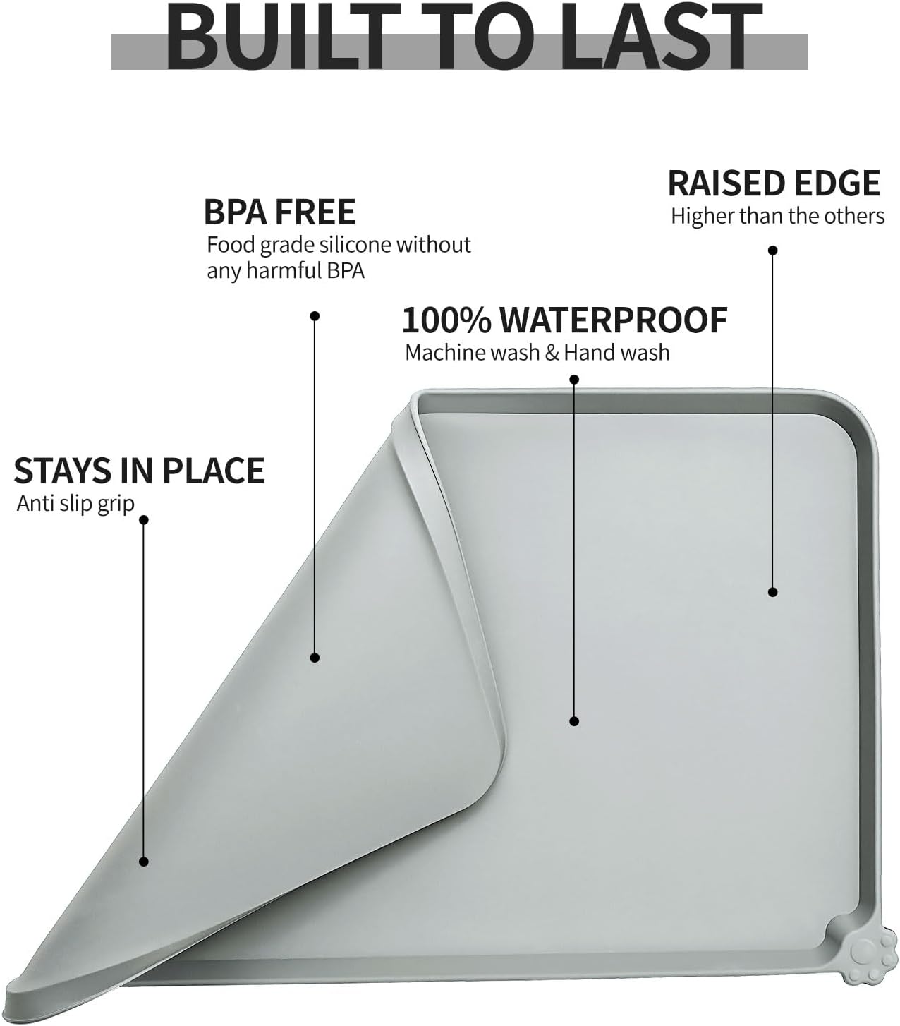 Reopet Waterproof Pet Feeding Mat, Non-Slip Silicone Placemats for Dog Cat Food and Water Bowl, High Raised Edges to Prevent Spills and Protect Floors