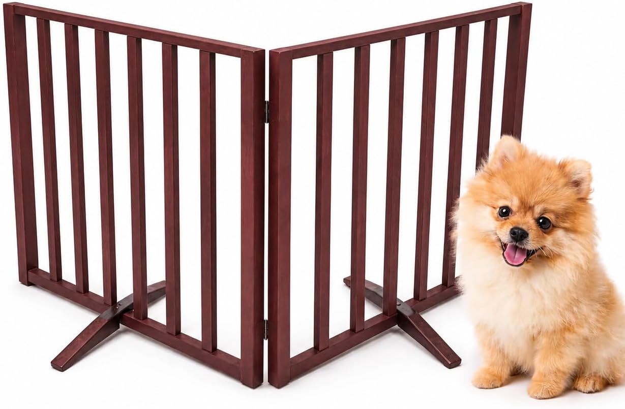 Japard Dog Gate 2 Panels - Foldable Indoor Fence Freestanding with Support Feet, 24 in Tall 35.4" Wide, Small Pets, Cats, Rabbits, Puppy, Lightweight 4 lbs (Wood Brown, Mahogany)