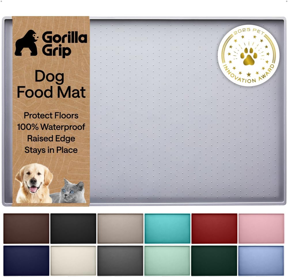GORILLA GRIP 100% Waterproof Raised Edge BPA Free Silicone Pet Feeding Mat, Dog Cat Food Mats Contain Spills Protects Floors, Placemats for Cats and Dogs Water Bowl, 18.5x11.5, Gray