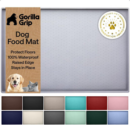 GORILLA GRIP 100% Waterproof Raised Edge BPA Free Silicone Pet Feeding Mat, Dog Cat Food Mats Contain Spills Protects Floors, Placemats for Cats and Dogs Water Bowl, 18.5x11.5, Gray