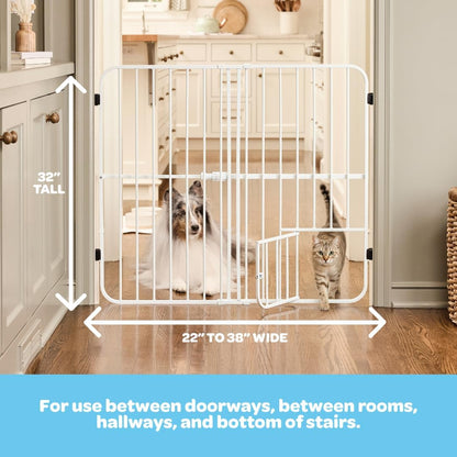 Carlson 18-30.75" Mini Expandable Dog Gate with Small Pet Door, Pressure Mounted Metal Indoor Pet Gate for Doorways & Bottom of Stairs, Cat Gate, White