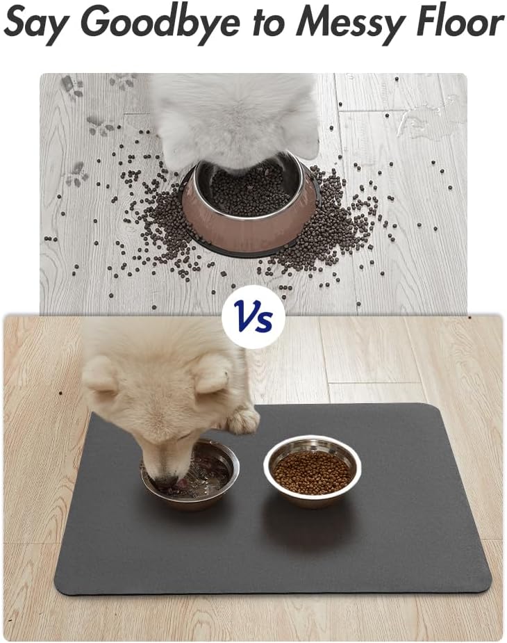 MontVoo Dog Food Mat-Pet Feeding Mat for Food and Water-No Stains Quick Dry Dispenser Cat Bowl Mat for Messy Drinkers(12"x19" Dark Grey)