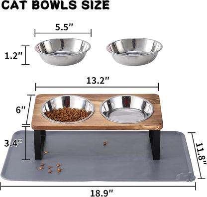 Upgraded Elevated Cat Bowls with Food Mat,15°Tilted Stand Anti Vomiting Raised Cat Dishes for Food and Water,2 Stainless Steel Bowls for Cats and Puppy