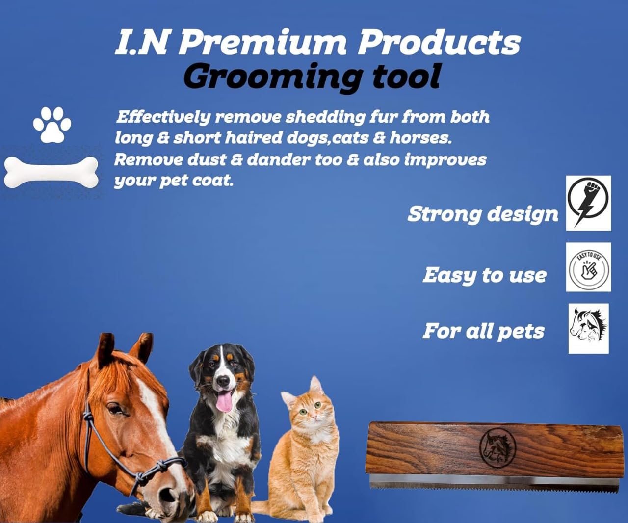 Original Deshedding Grooming Tools for Horse, Cats & Dogs Easy Ergonomic Wooden Handle Professional Brush Grooming Tool, Remove painlessly 95 Percent of Lose Hair Fur & Dirt (5 inch)