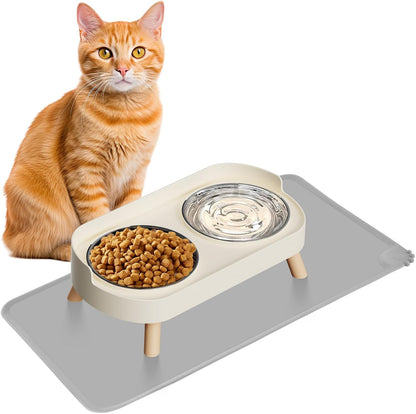 Elevated Cat Bowl, Raised Cat Food and Water Bowl Set for Indoor Cats, Splash Proof with 2 Stainless Steel Pet Food Bowls for Cats and Puppies, Whisker Fatigue and Dishwasher Safe - White
