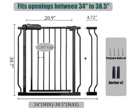 Extra Wide Baby Gate 85.8-90.5" Dog Gate Indoor Pressure Mounted No Drill Safety Gate for Large Entries, Kitchen,Stairs & Doorways, Black Metal Indoor Pet Gate for Kids & Dogs