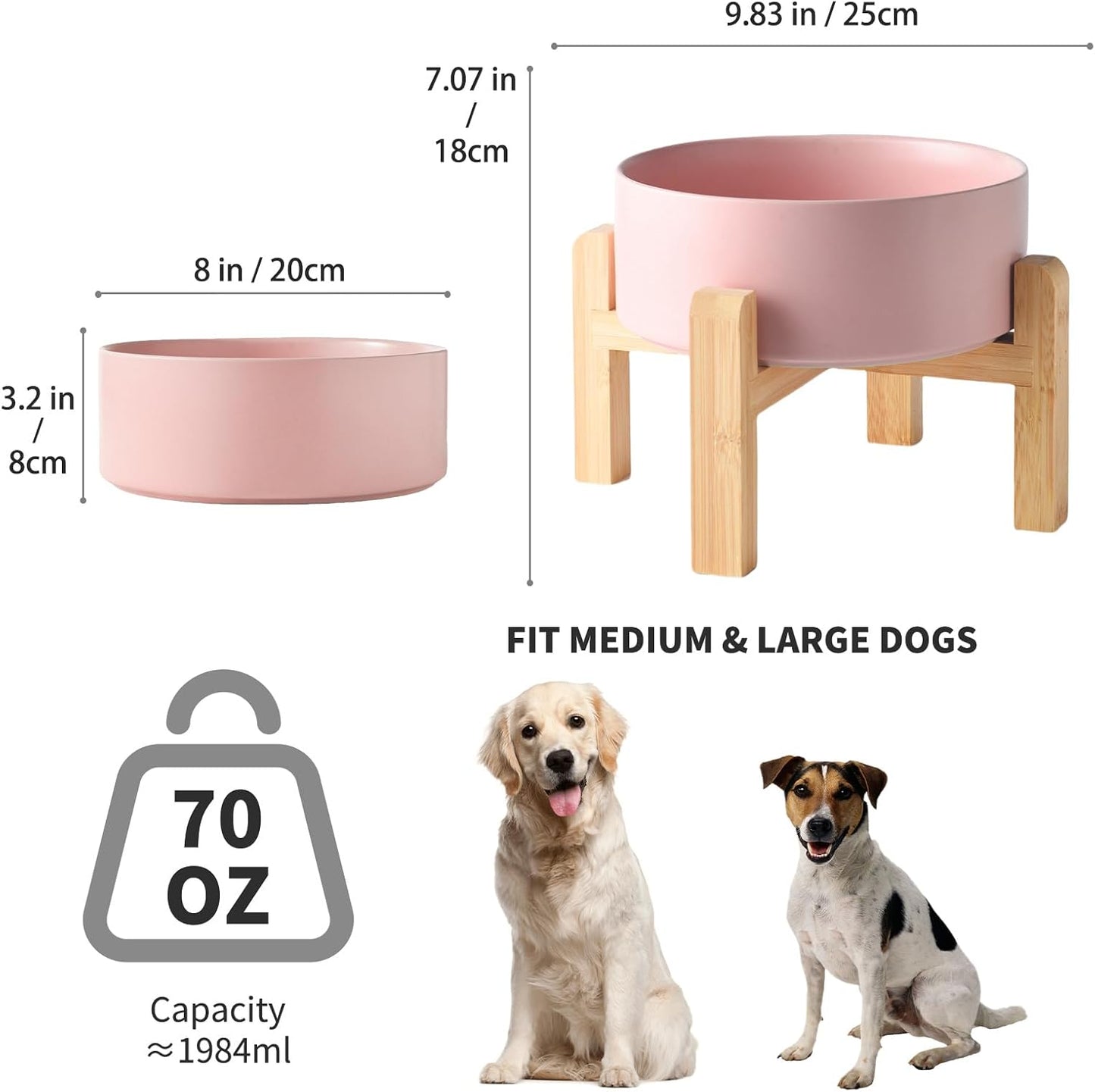 6'' Ceramic Raised Dog Bowl - 30Oz Dog Food & Water Bowl with Elevated Non-Slip Bamboo Stand, Dishwasher & Microwave Safe, Anti Vomiting Heavy Duty Pet Bowl for Small and Medium Dogs, White