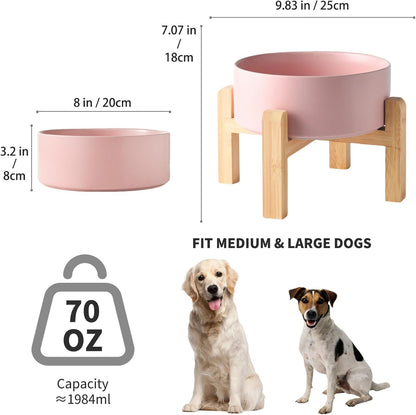 6'' Ceramic Raised Dog Bowl - 30Oz Dog Food & Water Bowl with Elevated Non-Slip Bamboo Stand, Dishwasher & Microwave Safe, Anti Vomiting Heavy Duty Pet Bowl for Small and Medium Dogs, White