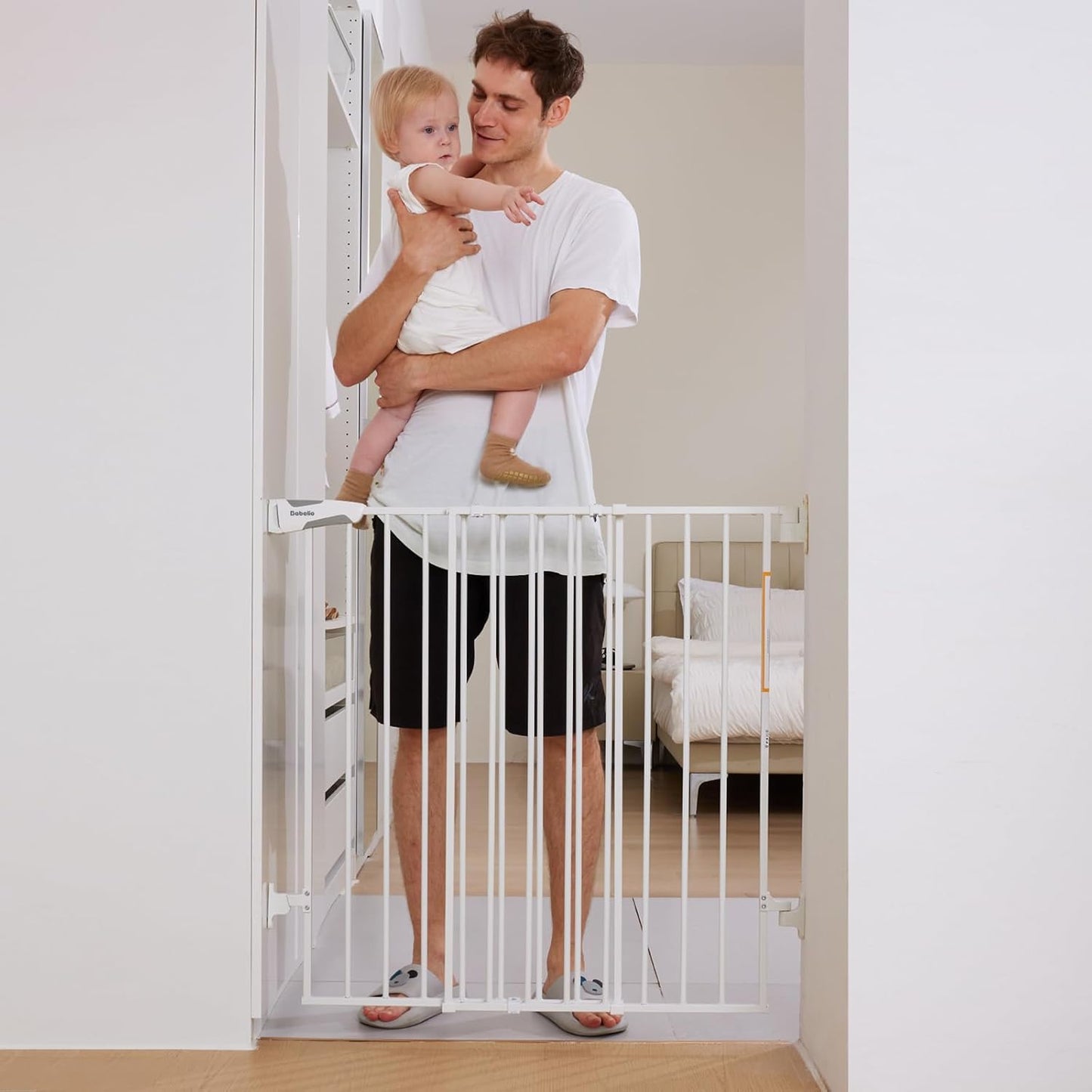 Babelio Baby Gate for Stairs, Kitchen & Doorways, 26-43" W 28" H No Bottom Bar| Easy Installation| One-Handed Operation| Auto-Close| Hardware Mount (Drill Needed) Safety Dog/Pet Gate Indoor (White)