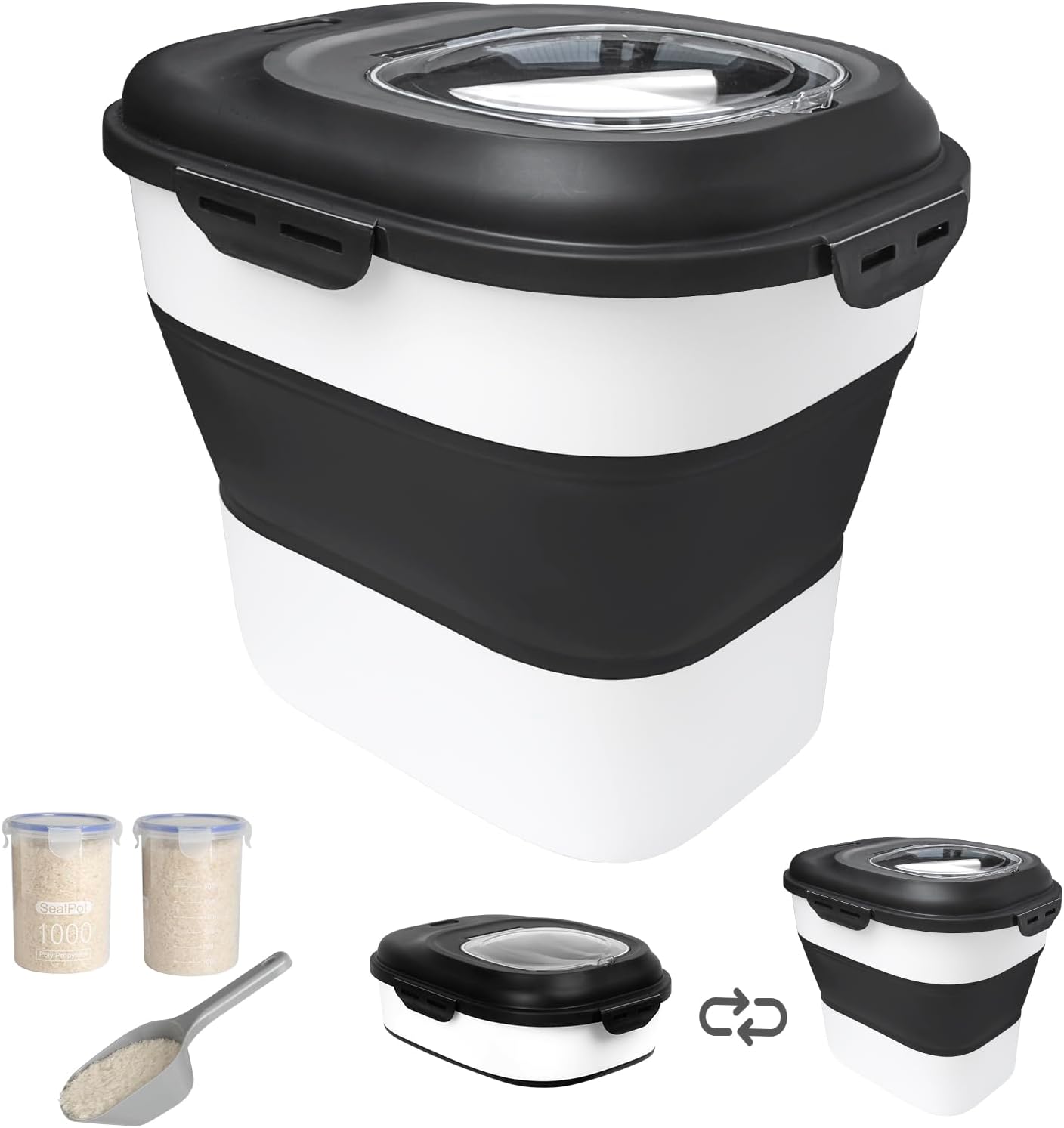 20-30 Lbs Rice Storage Container,Collapsible Food Storage Containers with Rolling Wheel Airtight Locking Lid,Flour Storage Container with Cup and Scoop,Suitable for Food,Rice,Pet Food,Flour