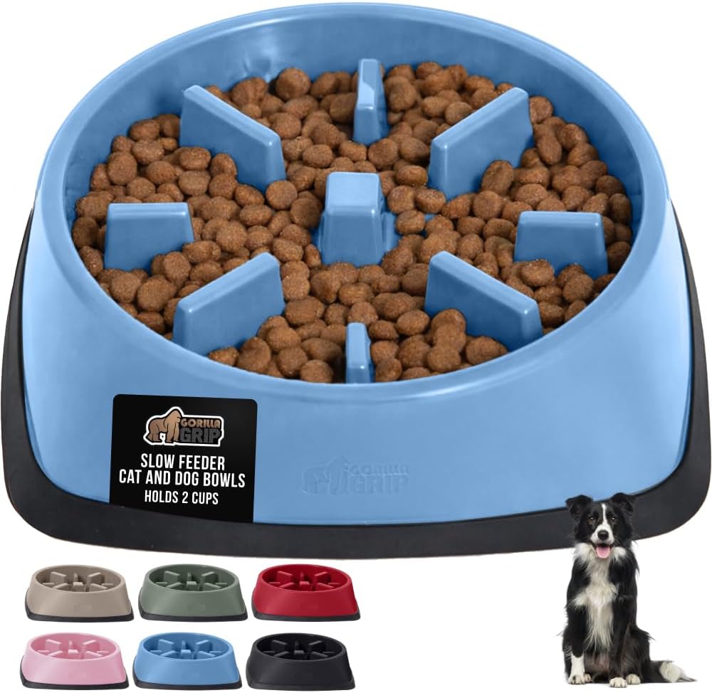 GORILLA GRIP® Patented BPA Free Slow Feeder Dog Bowls, Interactive Puzzle Toy for Dogs and Cats Food Training Enrichment, Keeps Pets Busy and Prevents Puppy Overeating, Small Breeds, 1 Cup, Gray