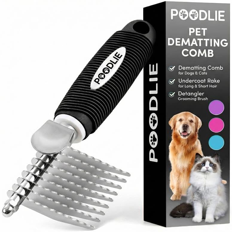 Poodle Dematting Fur Rake Comb Brush for Dogs and Cats - Long 2.5" Steel Safety Blades Metal Comb for Detangling Matted or Knotted Undercoat Hair (Orange)