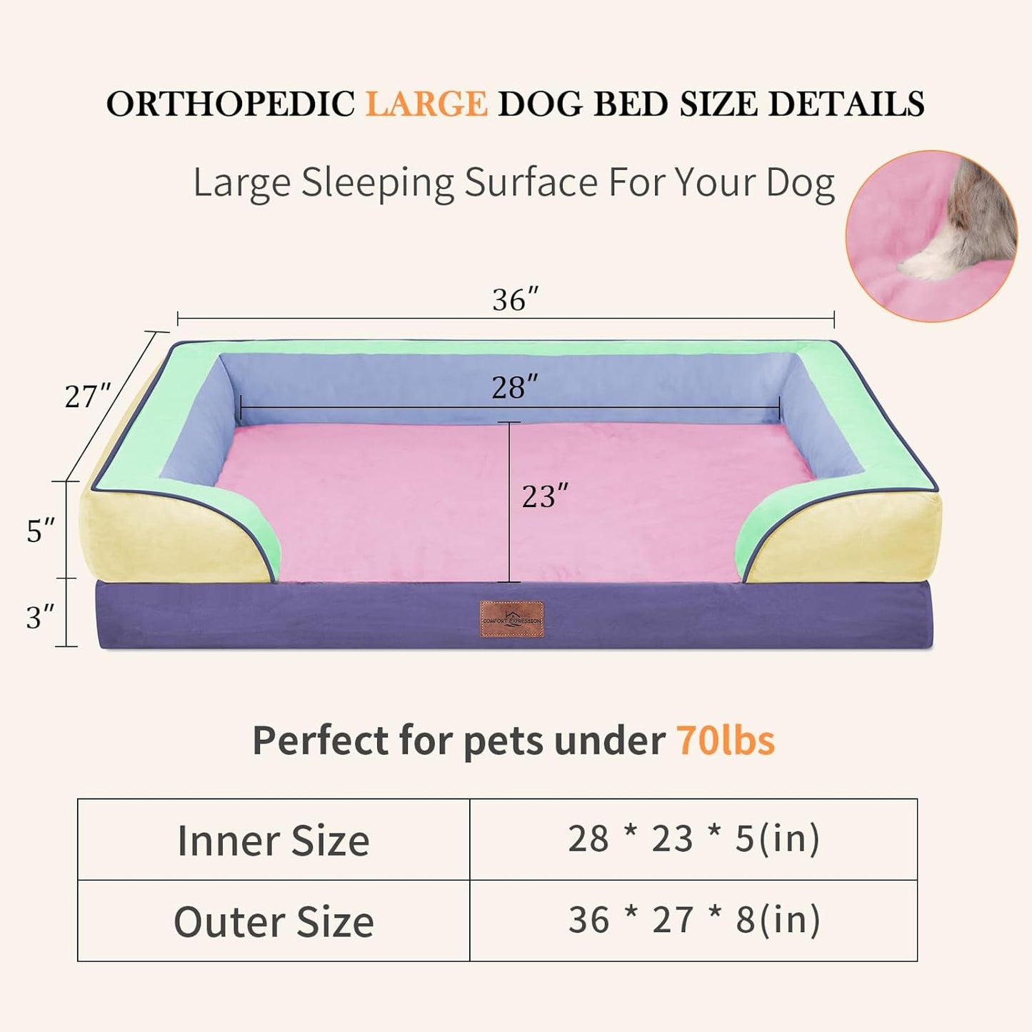 Comfort Expression Orthopedic Dog Bed for Extra Large Dogs 42x30 Inch, Waterproof Egg Crate Foam XL Pet Bed with Removable Bolsters, Dog Couch with Washable Cover & Non-Slip Bottom, Grey - Colors A