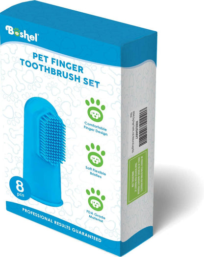 Boshel Dog Finger Toothbrush, Deep Teeth Cleaning Tooth Brushing Kit, Blue for Small and Large Breeds, Silicone & Nylon Soft Bristles, 8 Pack