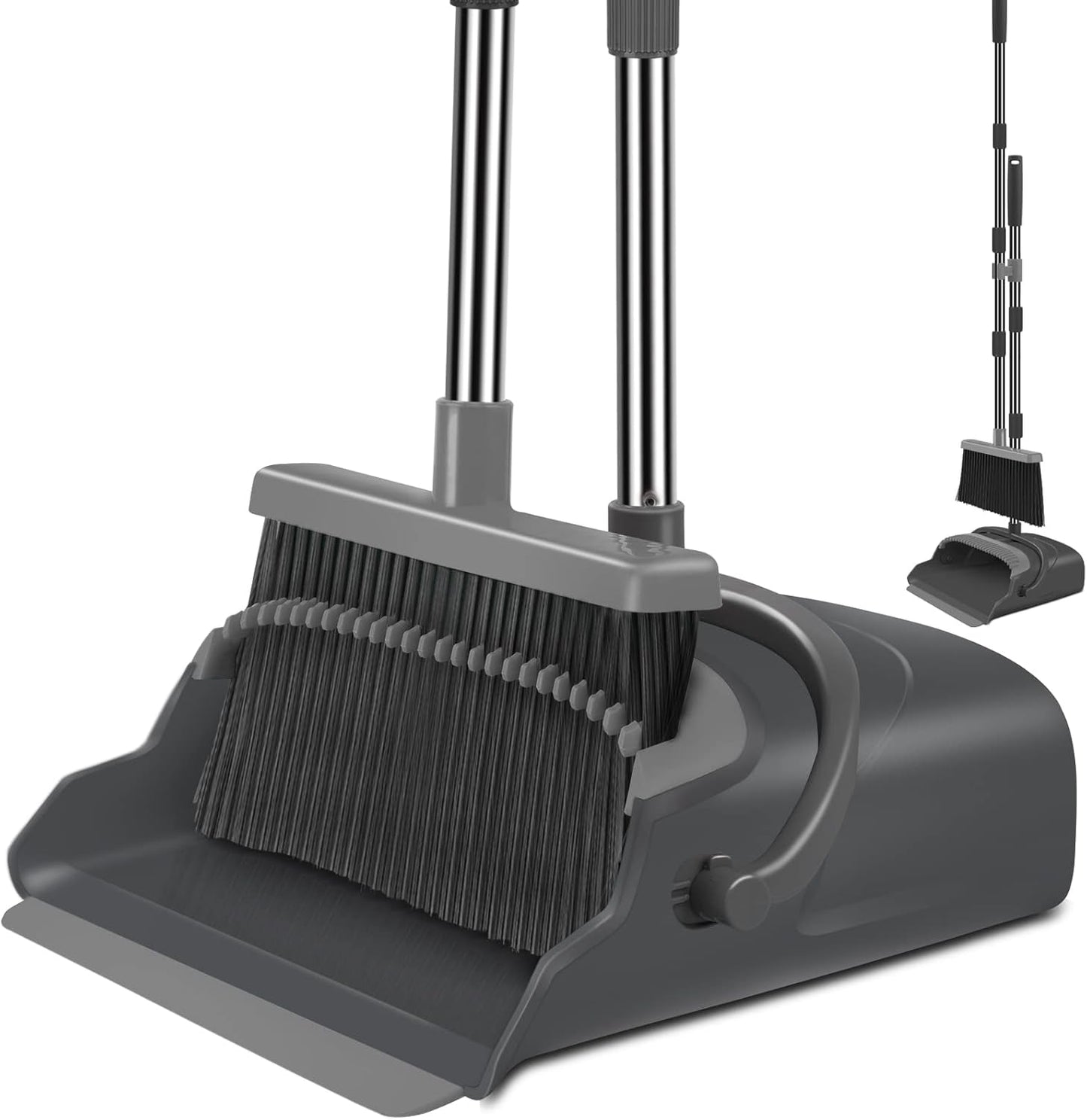 Upgrade Broom and Dustpan Set, Self-Cleaning with Dustpan Teeth, Indoor&Outdoor Sweeping, Ideal for Dog Cat Pets Home Use, Stand Up Broom and Dustpan (Gray&Orange)