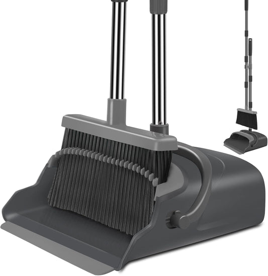 Upgrade Broom and Dustpan Set, Self-Cleaning with Dustpan Teeth, Indoor&Outdoor Sweeping, Ideal for Dog Cat Pets Home Use, Stand Up Broom and Dustpan (Gray&Orange)